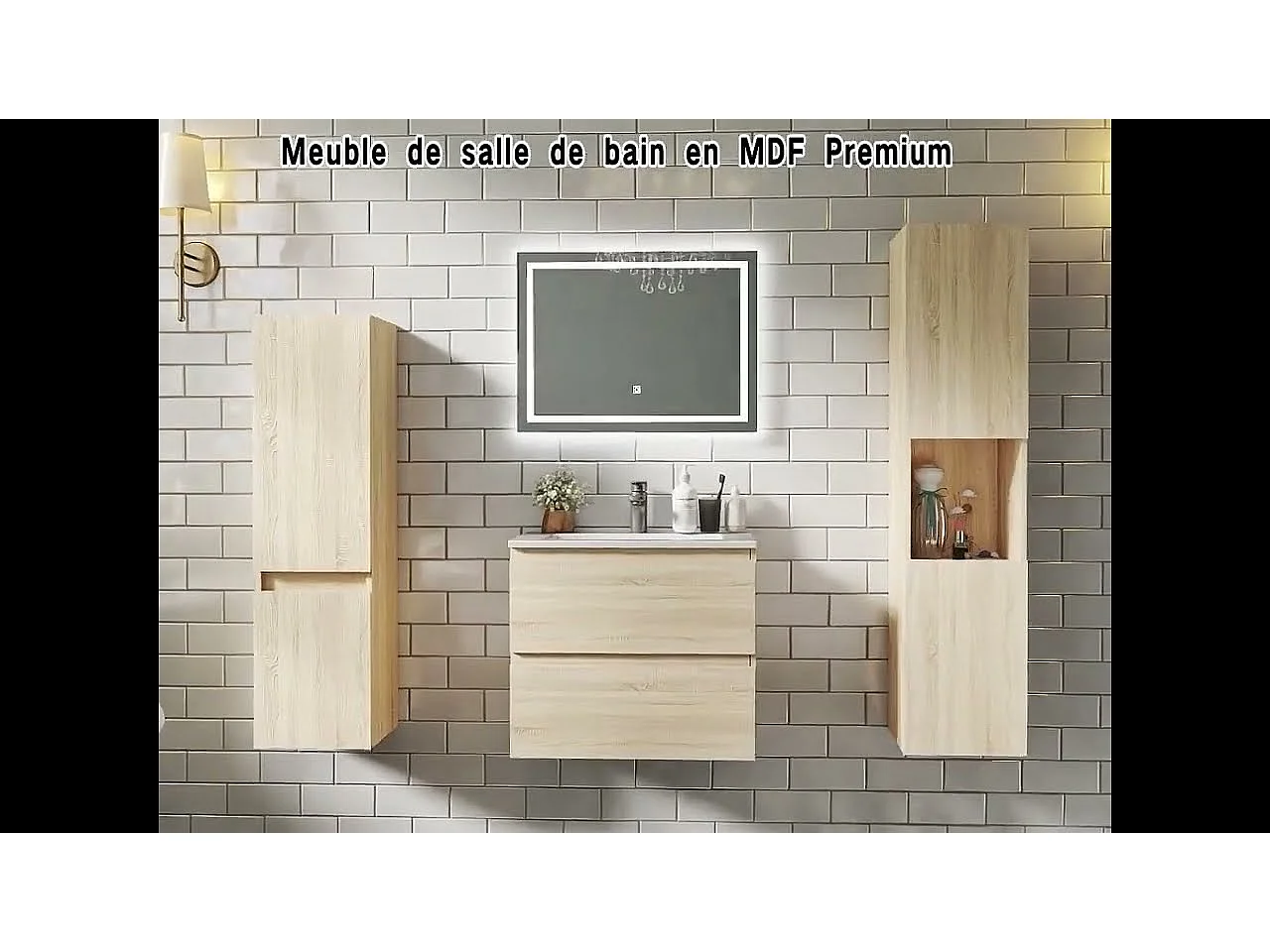 Ensemble meuble vasque L.60cm 2 tiroirs + lavabo + colonne + miroir rond,anthracite
