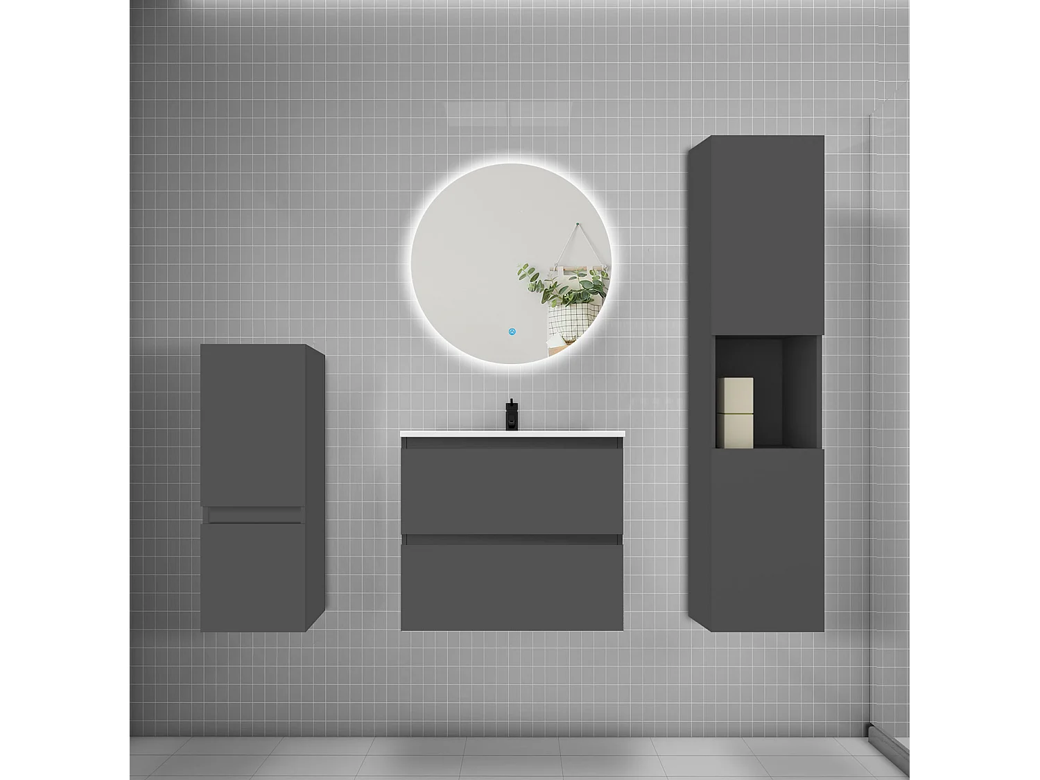 Ensemble meuble vasque L.60cm 2 tiroirs + lavabo + colonne + miroir rond,anthracite