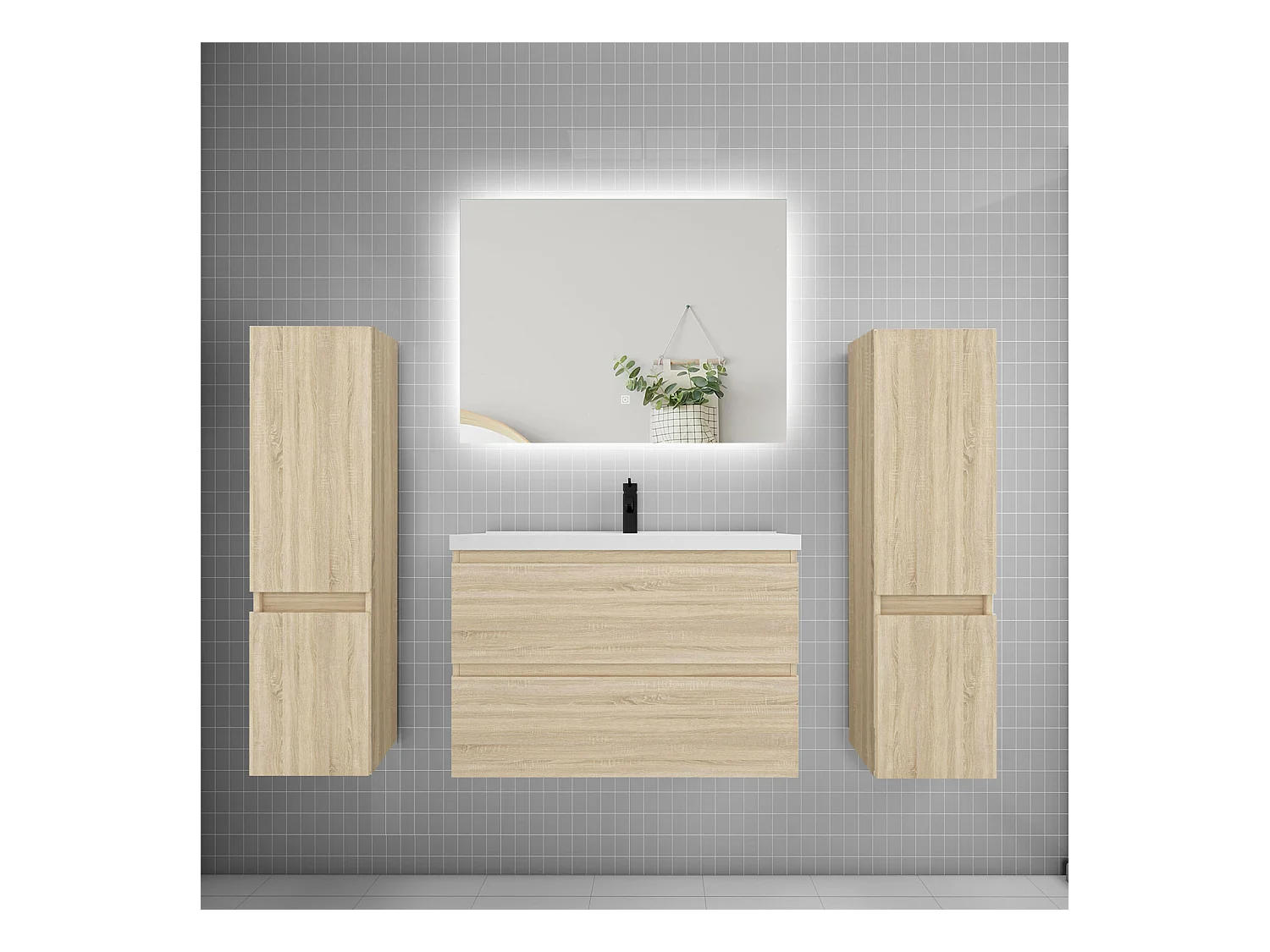Ensemble meuble vasque L.80cm 2 tiroirs + lavabo + colonne + miroir 80cm,chêne
