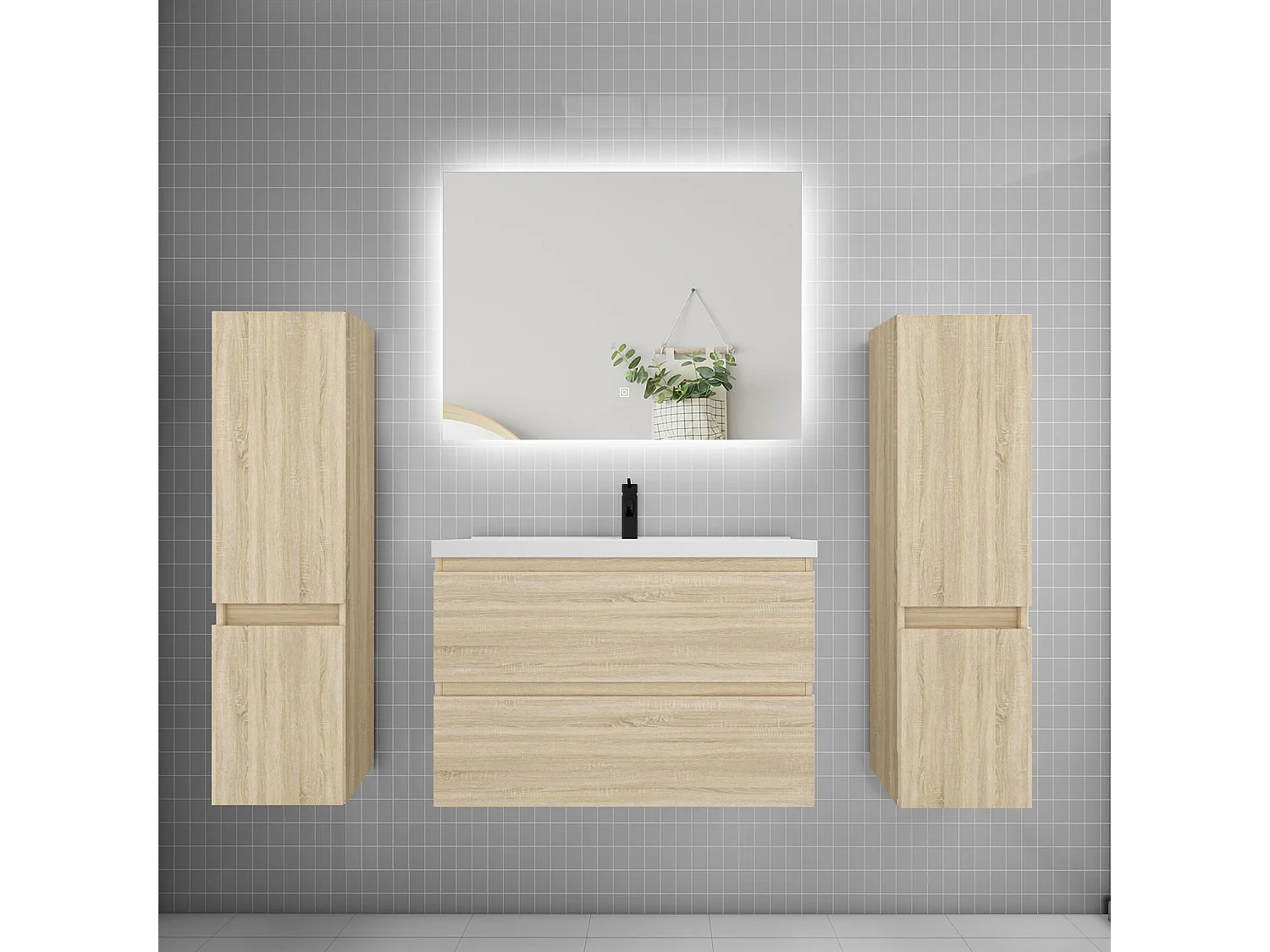 Ensemble meuble vasque L.80cm 2 tiroirs + lavabo + colonne + miroir 80cm,chêne