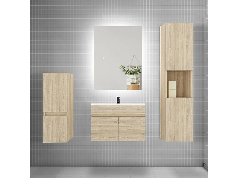 Ensemble meuble vasque L.60cm lavabo + colonne + miroir,chêne