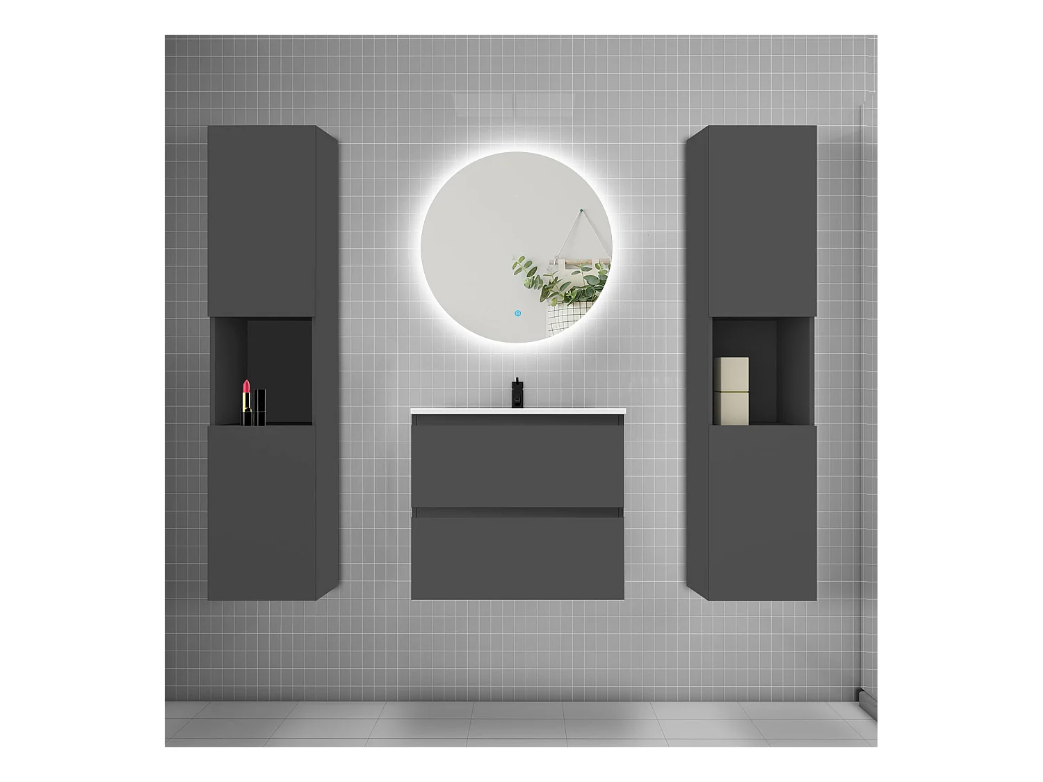 Ensemble meuble vasque L.60cm 2 tiroirs + lavabo + colonne + LED miroir rond 60cm,anthracite