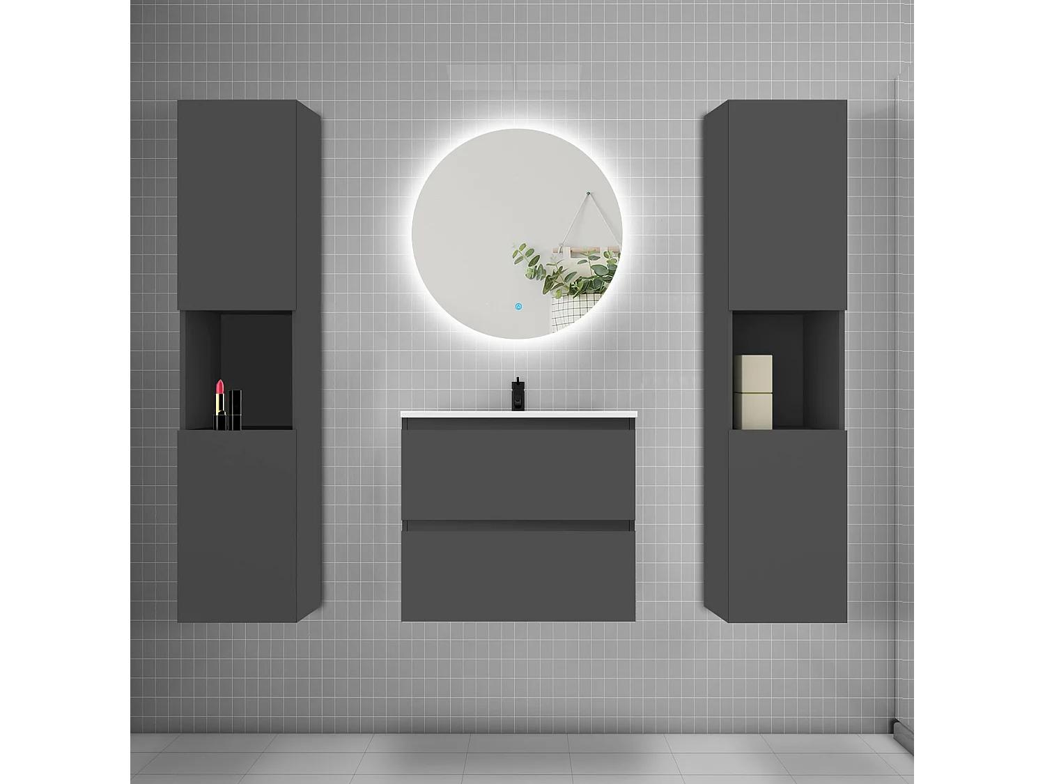 Ensemble meuble vasque L.60cm 2 tiroirs + lavabo + colonne + LED miroir rond 60cm,anthracite