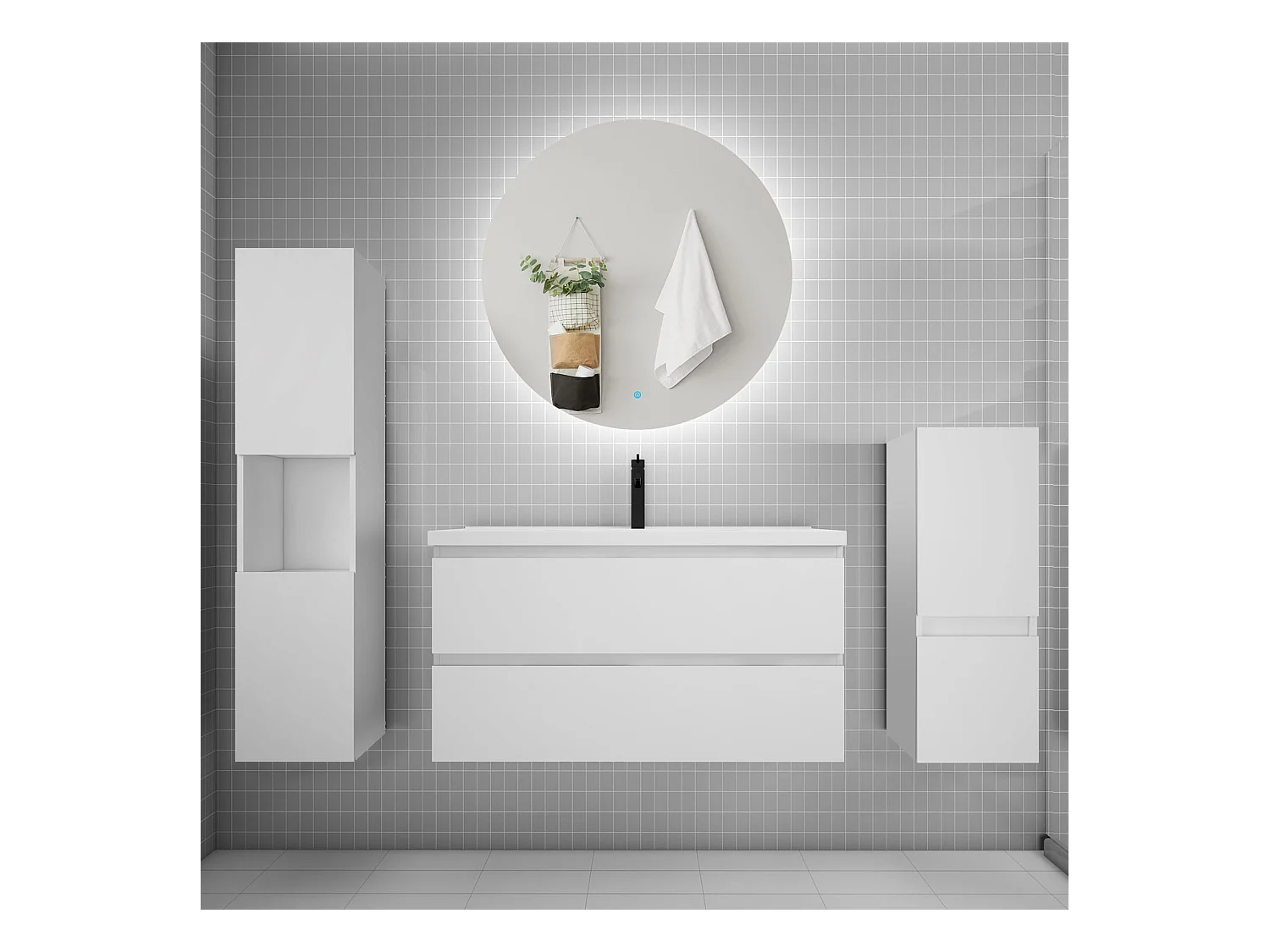 Ensemble meuble vasque L.100cm 2 tiroirs + lavabo + colonne + miroir rond,blanc
