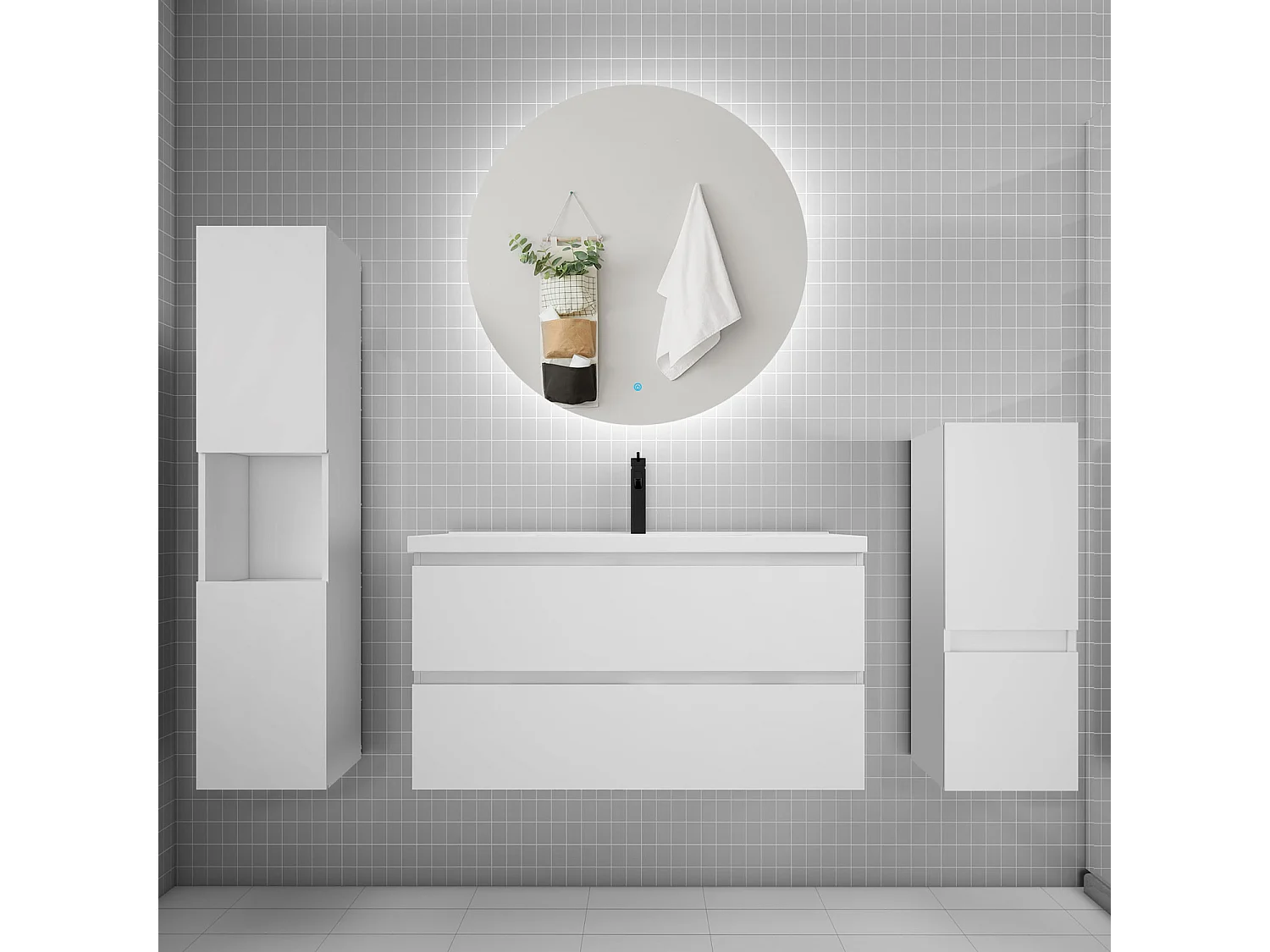 Ensemble meuble vasque L.100cm 2 tiroirs + lavabo + colonne + miroir rond,blanc