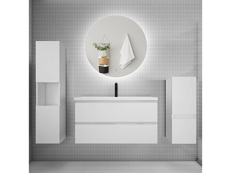Ensemble meuble vasque L.100cm 2 tiroirs + lavabo + colonne + miroir rond,blanc