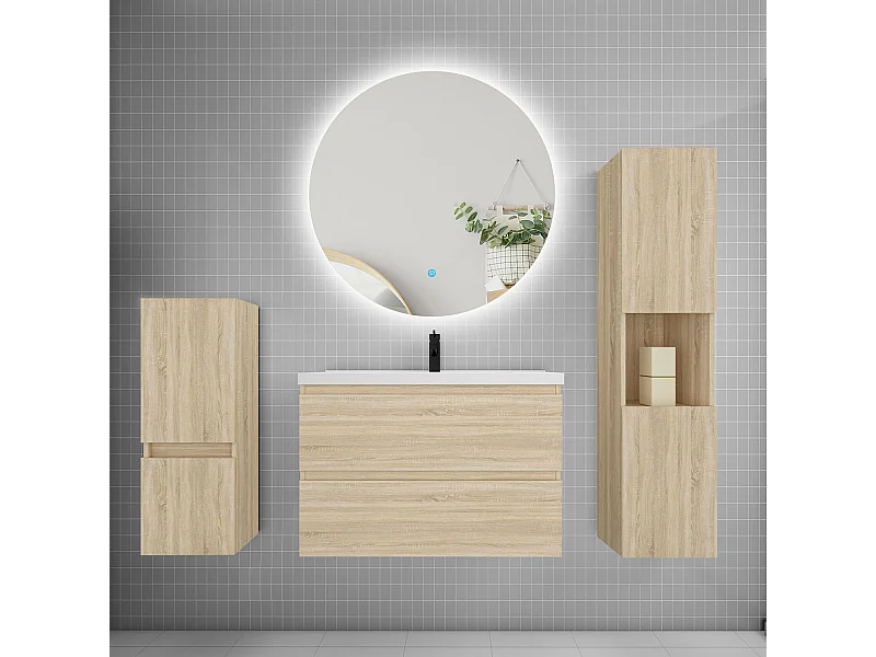 Ensemble meuble vasque L.80cm 2 tiroirs + lavabo + colonne + miroir rond,chêne