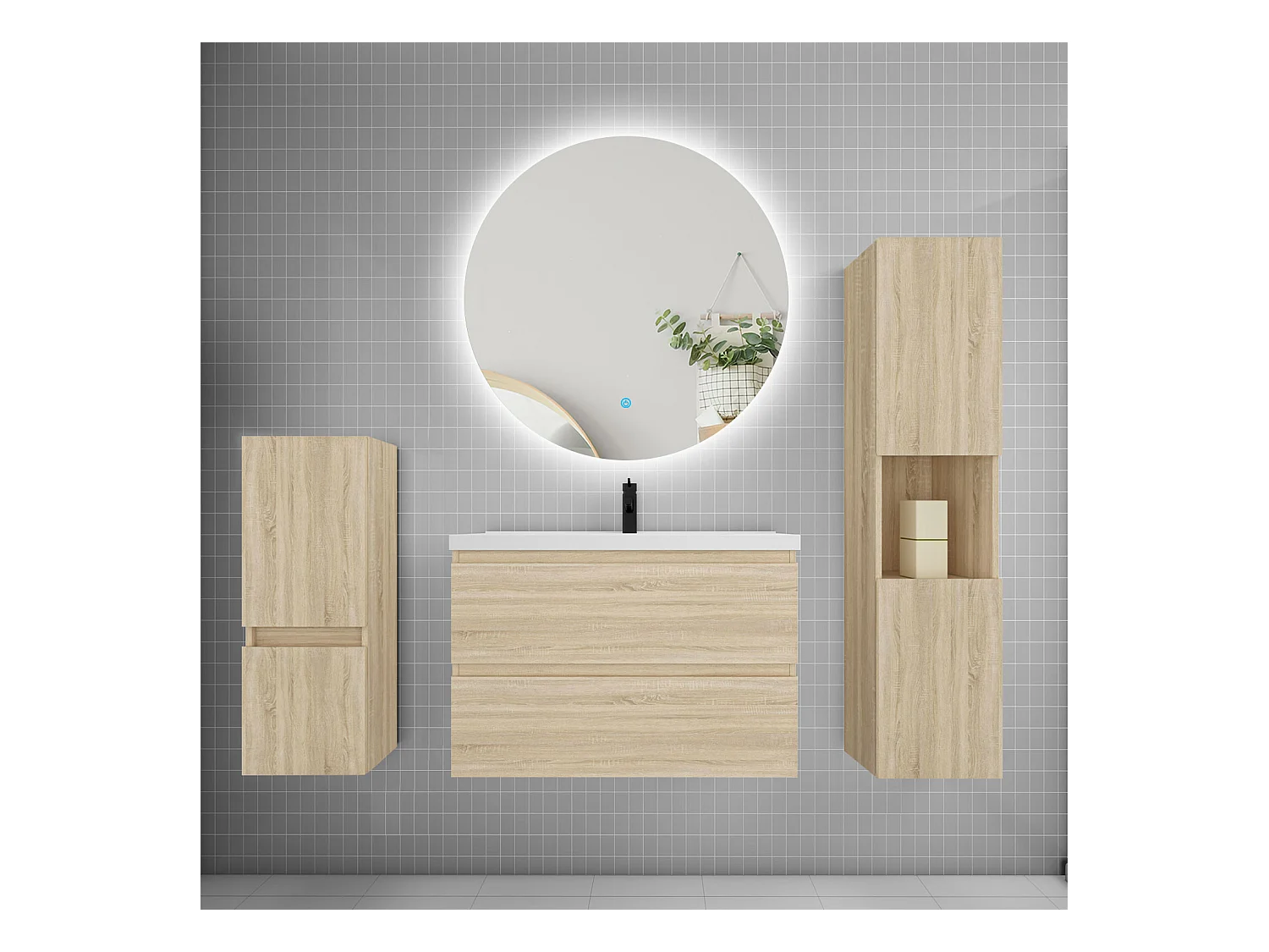 Ensemble meuble vasque L.80cm 2 tiroirs + lavabo + colonne + miroir rond,chêne
