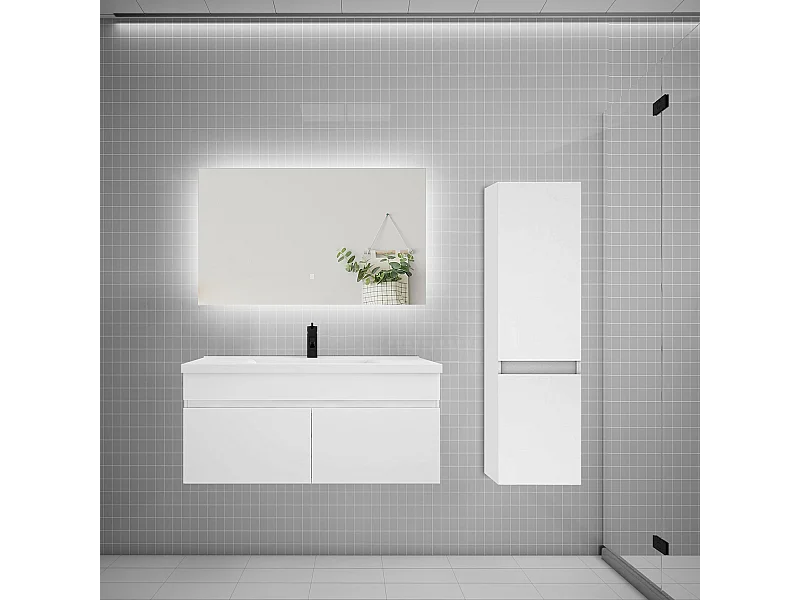 Ensemble meuble simple vasque 100cm lavabo + colonne + miroir,blanc