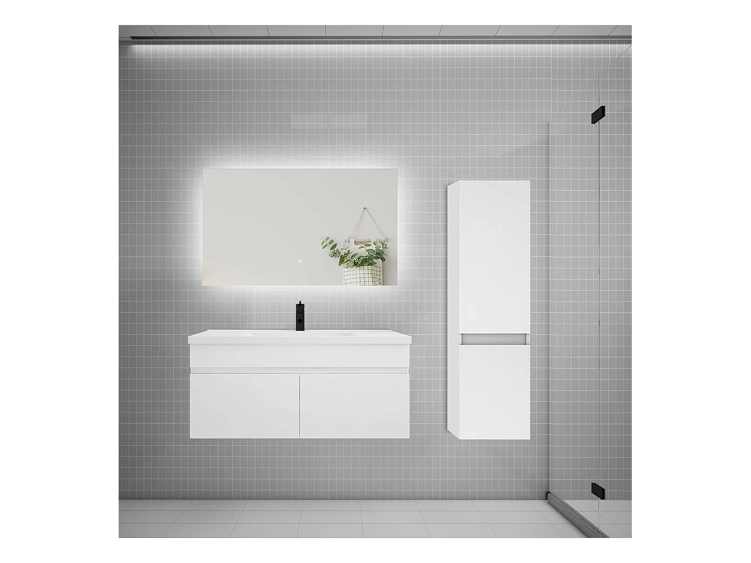 Ensemble meuble simple vasque 100cm lavabo + colonne + miroir,blanc