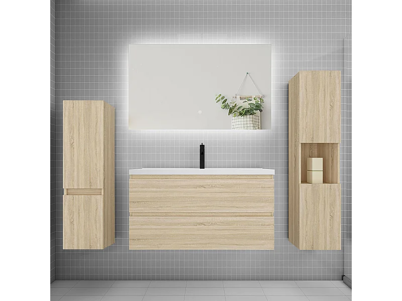 Ensemble meuble vasque L.100cm 2 tiroirs + lavabo + colonne + miroir mural 100cm,chêne