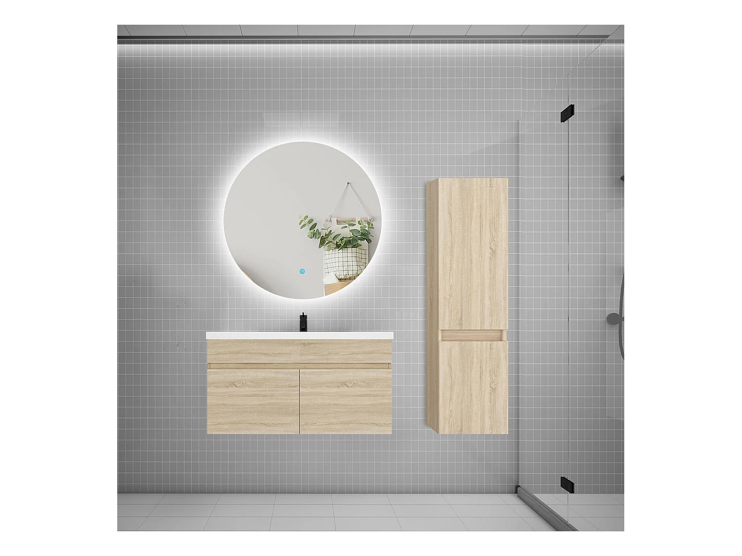 Ensemble meuble simple vasque 80cm lavabo + colonne + miroir rond,chêne