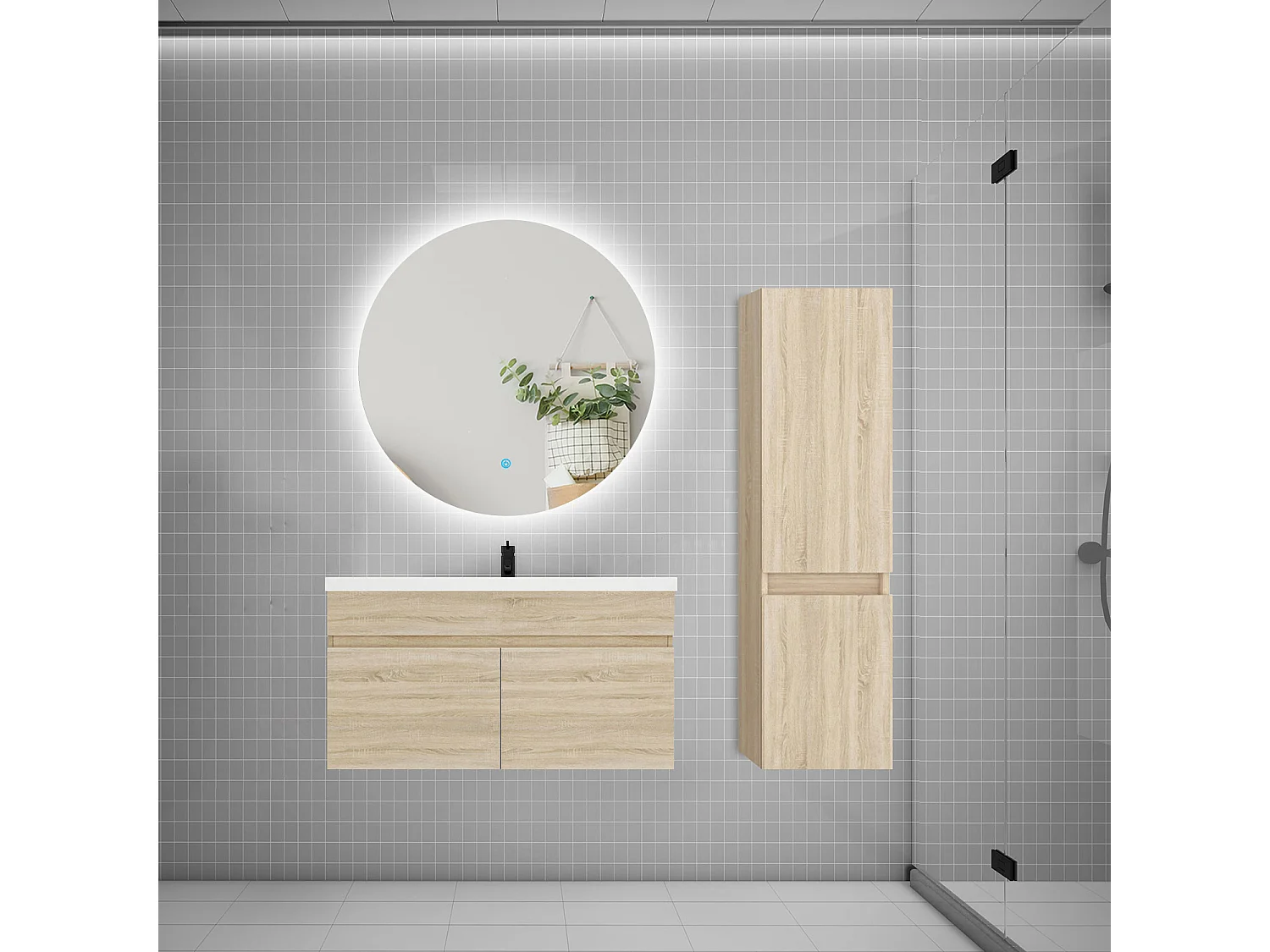 Ensemble meuble simple vasque 80cm lavabo + colonne + miroir rond,chêne