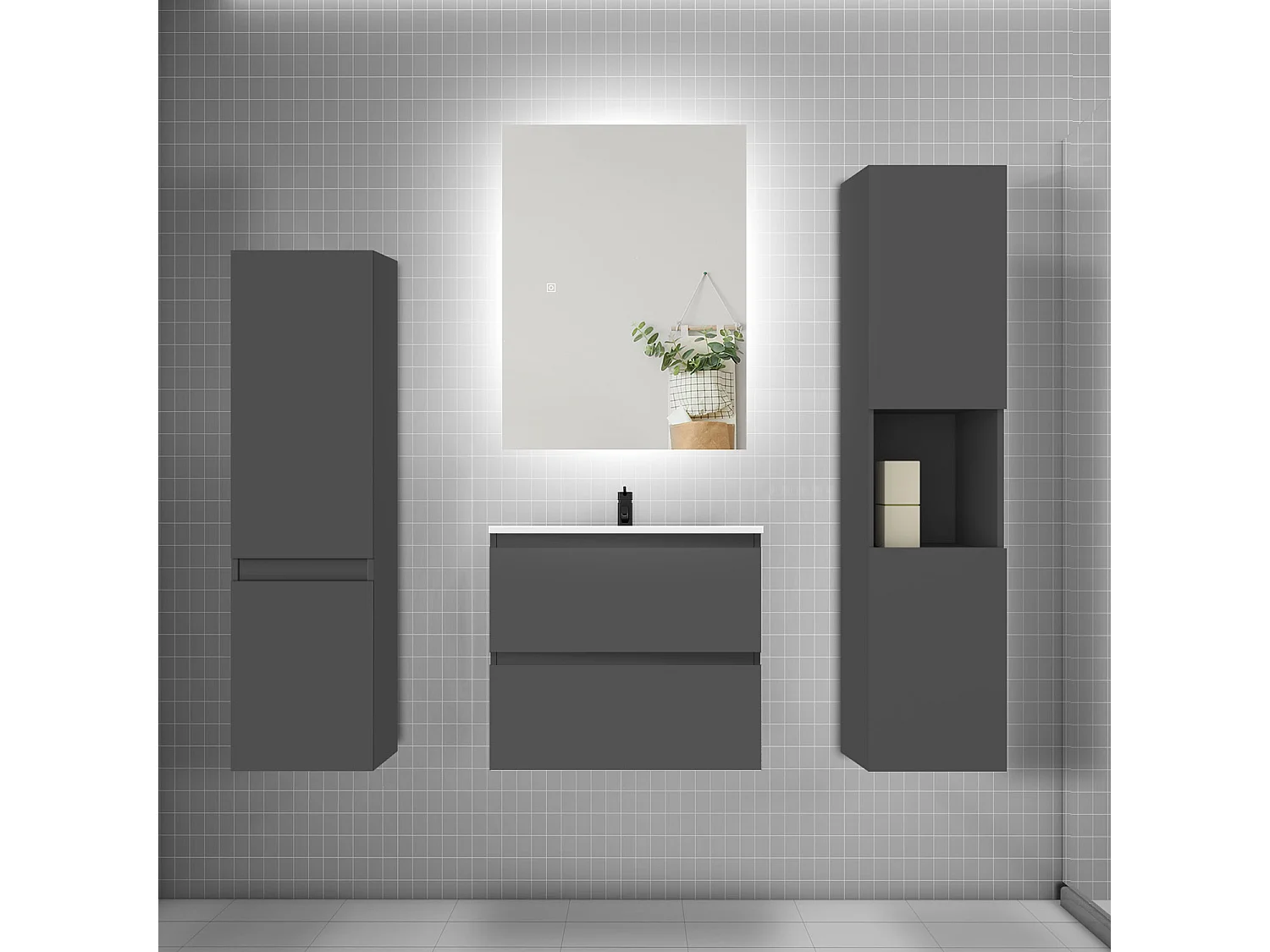 Ensemble meuble vasque L.60cm 2 tiroirs + lavabo + colonne + miroir mural 60cm,anthracite