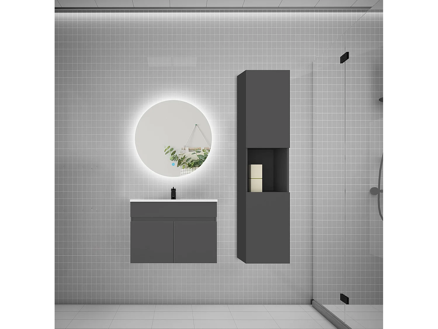 Ensemble meuble vasque 60cm lavabo + colonne + miroir rond,anthracite