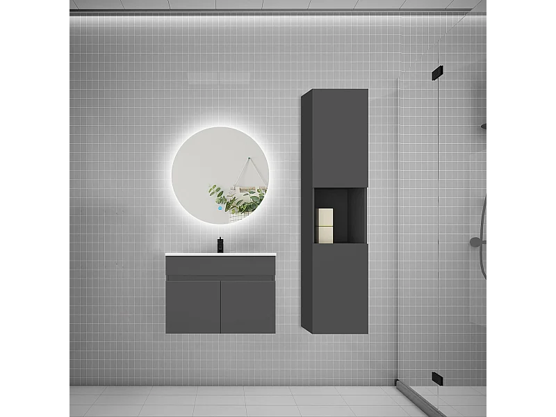 Ensemble meuble vasque 60cm lavabo + colonne + miroir rond,anthracite