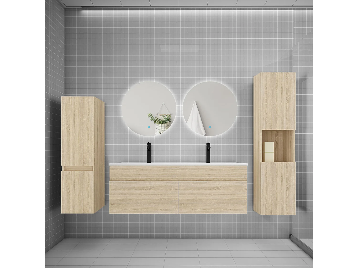 Ensemble meuble vasque L.120cm lavabo + colonne + miroir rond mural 60cm,chêne