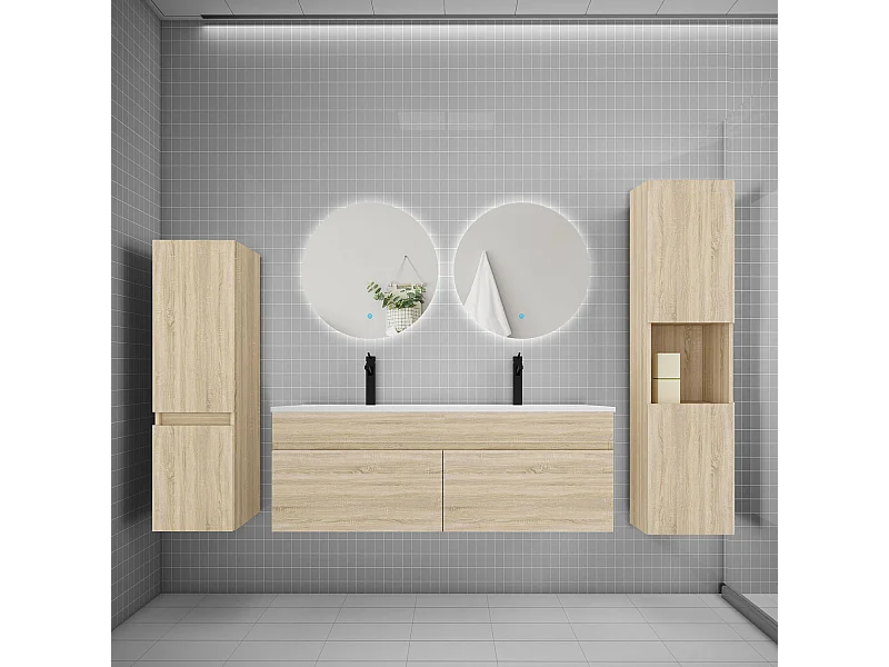 Ensemble meuble vasque L.120cm lavabo + colonne + miroir rond mural 60cm,chêne