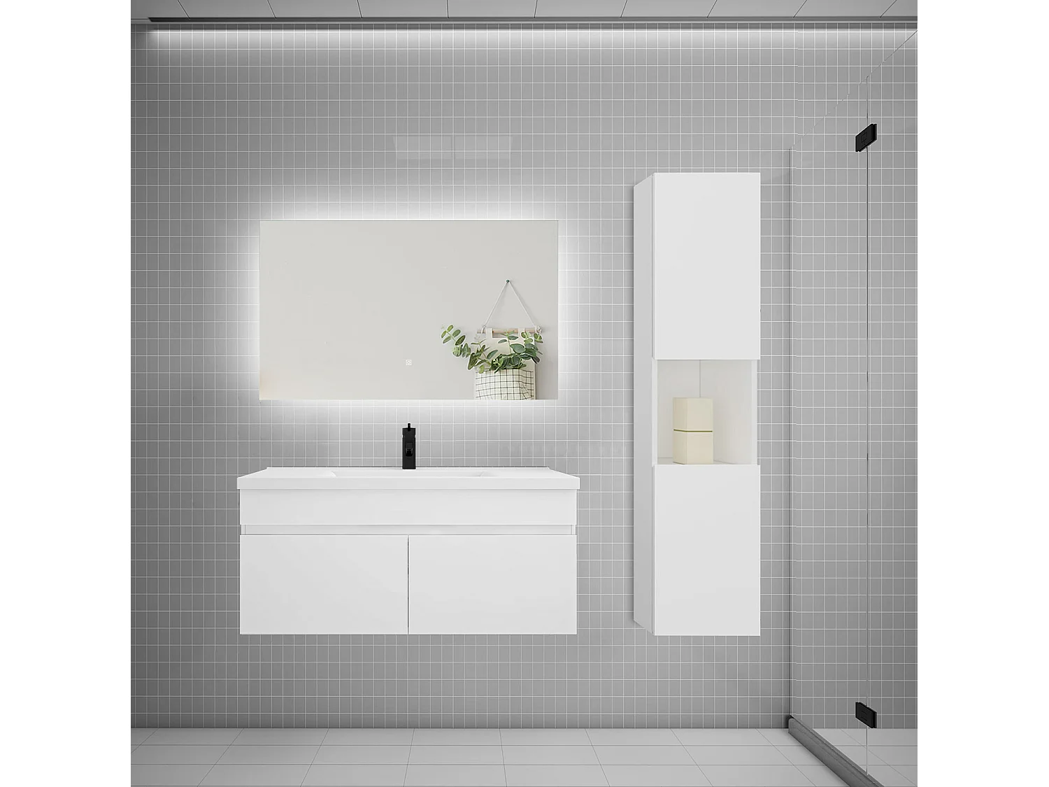 Ensemble meuble vasque 100cm lavabo + colonne + miroir,blanc