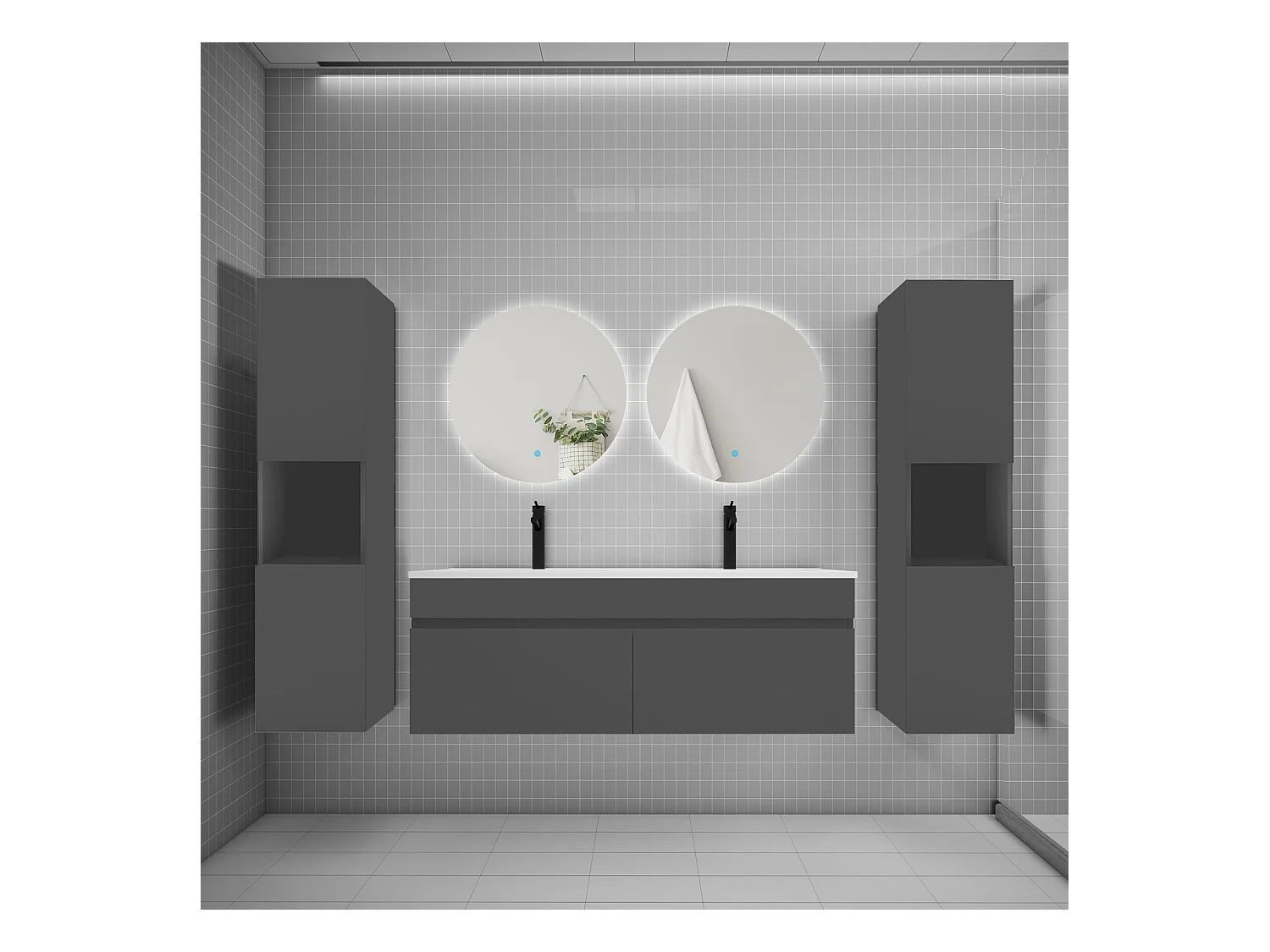 Ensemble meuble vasque L.120cm lavabo + colonne + LED miroir rond 60cm,anthracite