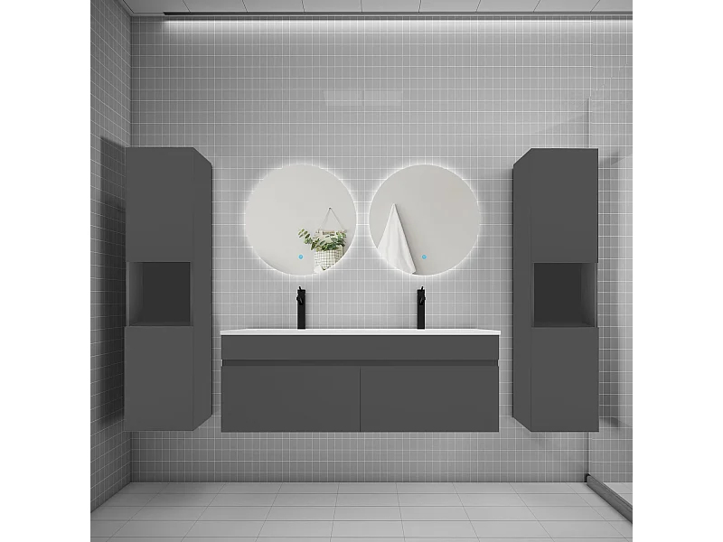 Ensemble meuble vasque L.120cm lavabo + colonne + LED miroir rond 60cm,anthracite