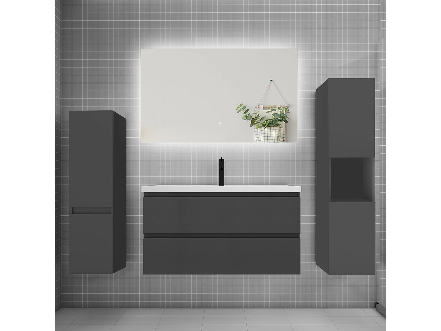 Ensemble meuble vasque L.100cm 2 tiroirs + lavabo + colonne + miroir mural 100cm,anthracite