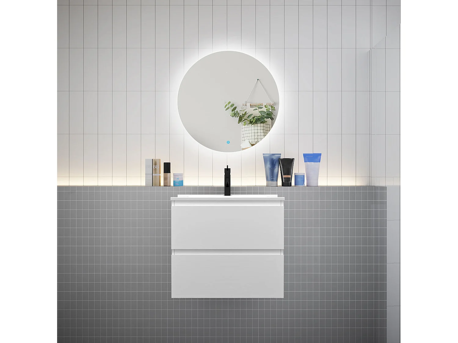 Ensemble meuble vasque L.60cm 2 tiroirs + lavabo + LED miroir rond 60cm,blanc
