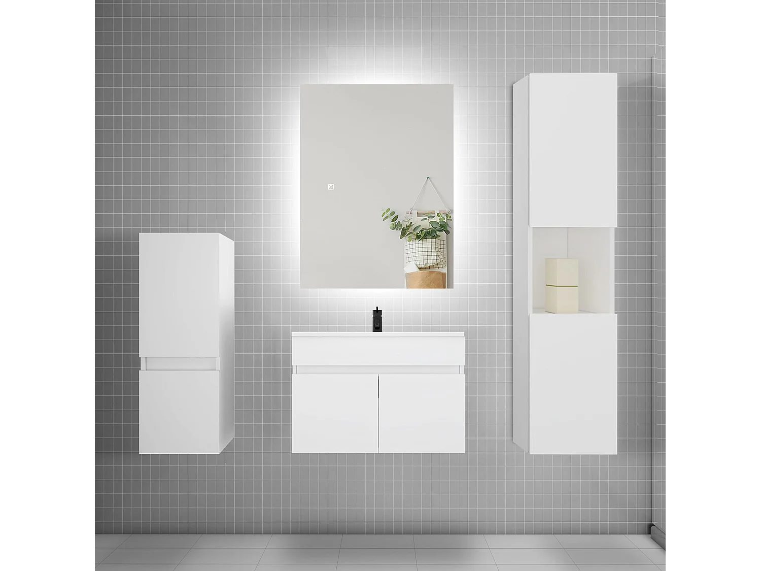 Ensemble meuble vasque L.60cm lavabo + colonne + miroir,blanc