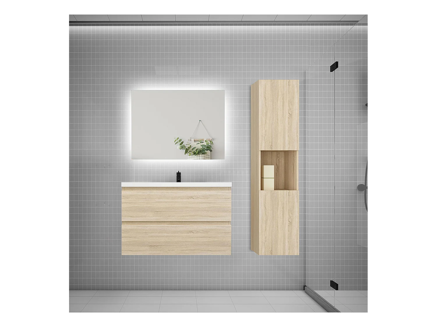 Ensemble meuble vasque 80cm 2 tiroirs + lavabo + colonne + miroir,chêne