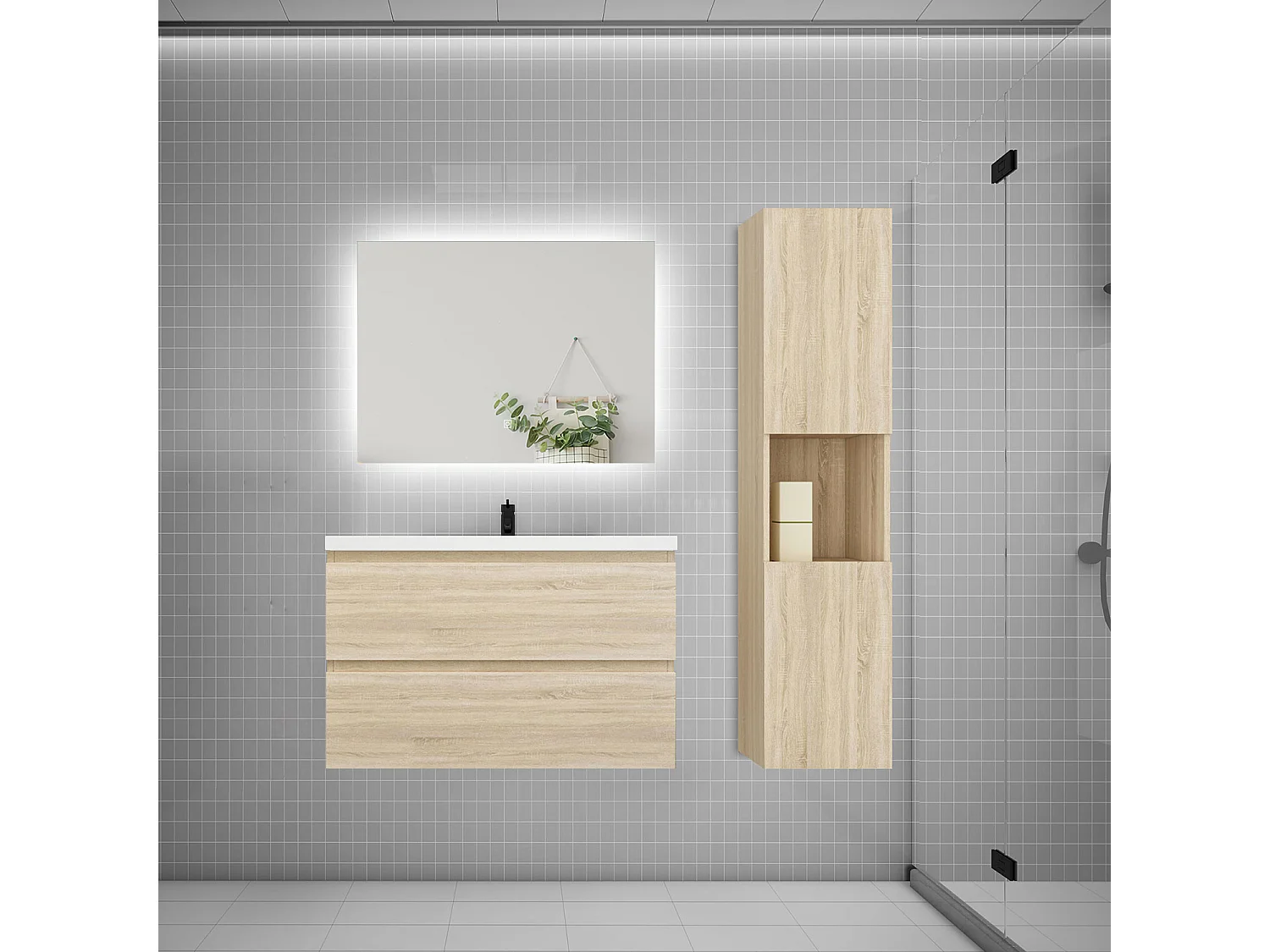 Ensemble meuble vasque 80cm 2 tiroirs + lavabo + colonne + miroir,chêne