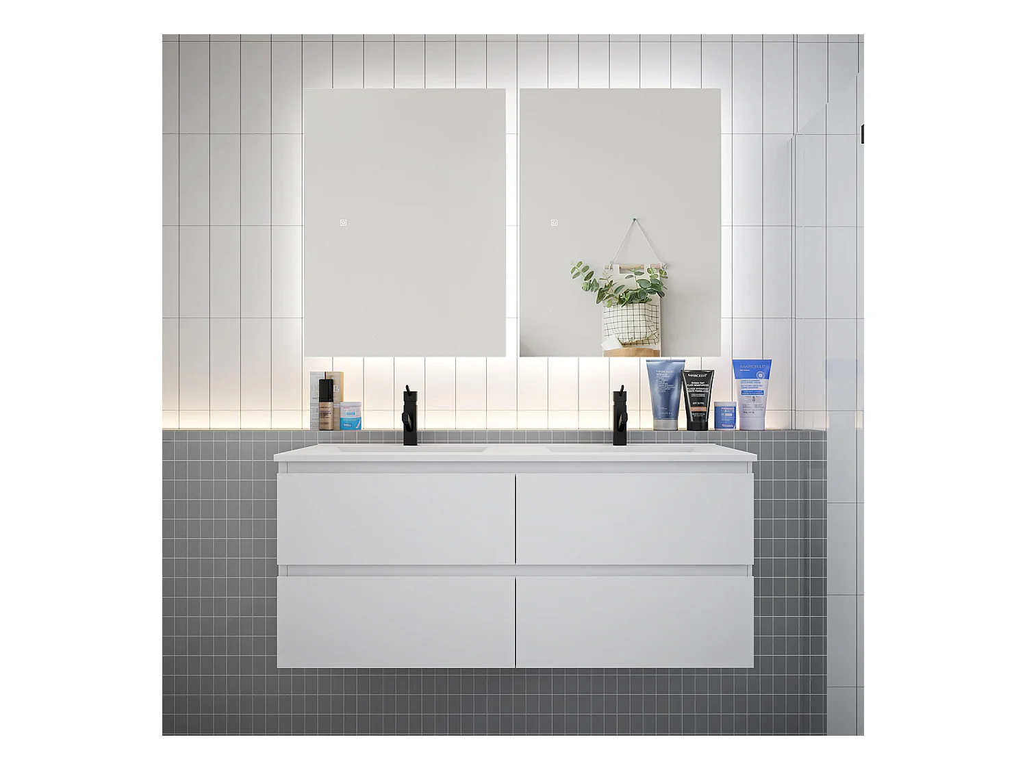 Ensemble meuble vasque L.120cm 2 tiroirs + lavabo + LED miroir 60cm,blanc