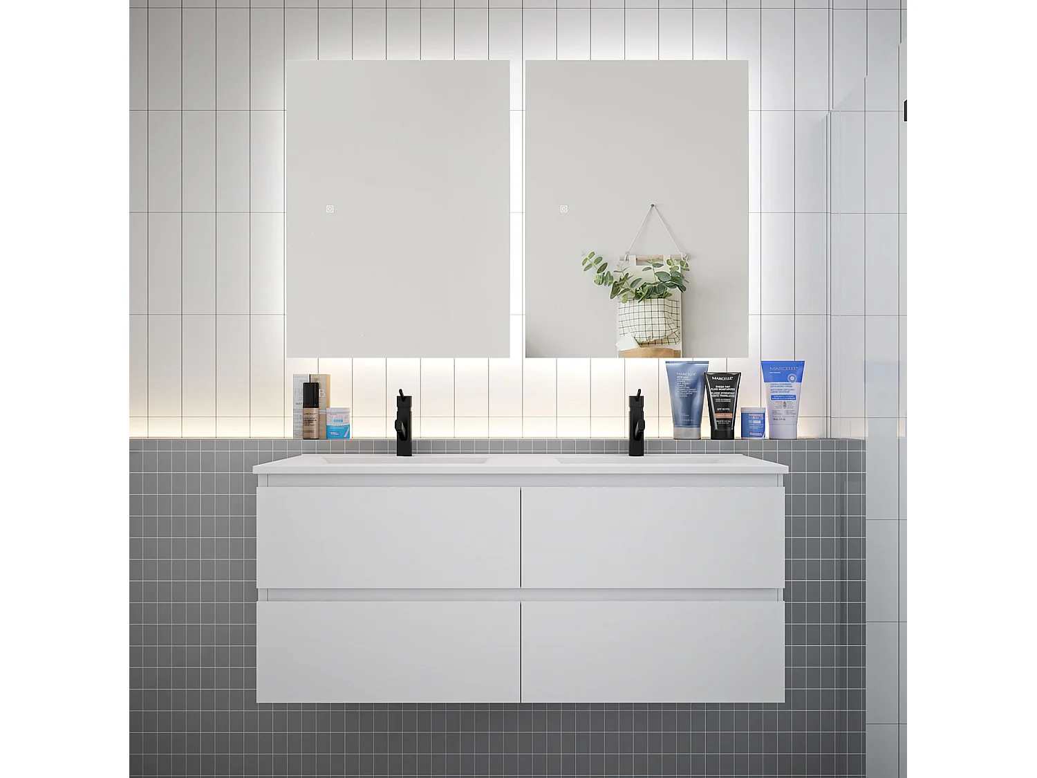 Ensemble meuble vasque L.120cm 2 tiroirs + lavabo + LED miroir 60cm,blanc