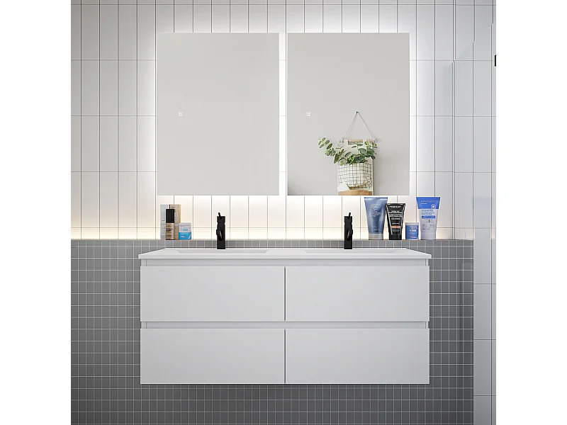 Ensemble meuble vasque L.120cm 2 tiroirs + lavabo + LED miroir 60cm,blanc