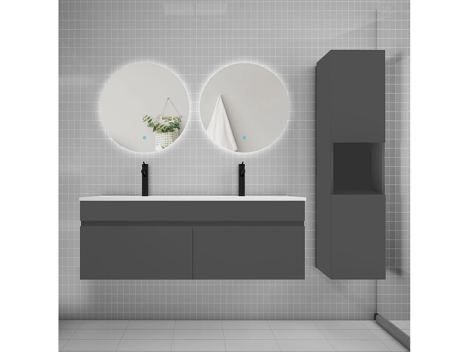 Ensemble meuble vasque 120cm lavabo + colonne + miroir rond,anthracite