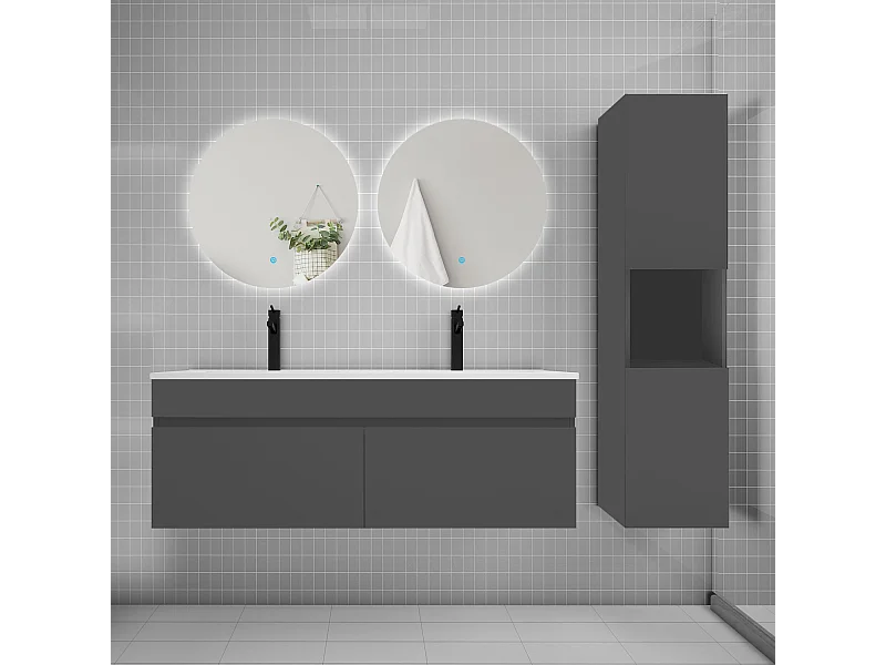 Ensemble meuble vasque 120cm lavabo + colonne + miroir rond,anthracite