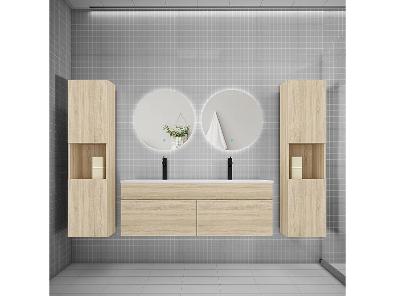 Ensemble meuble vasque L.120cm lavabo + colonne + LED miroir rond 60cm,chêne