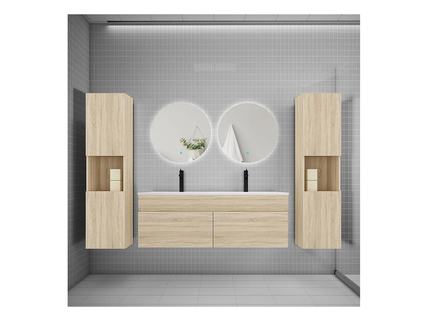 Ensemble meuble vasque L.120cm lavabo + colonne + LED miroir rond 60cm,chêne