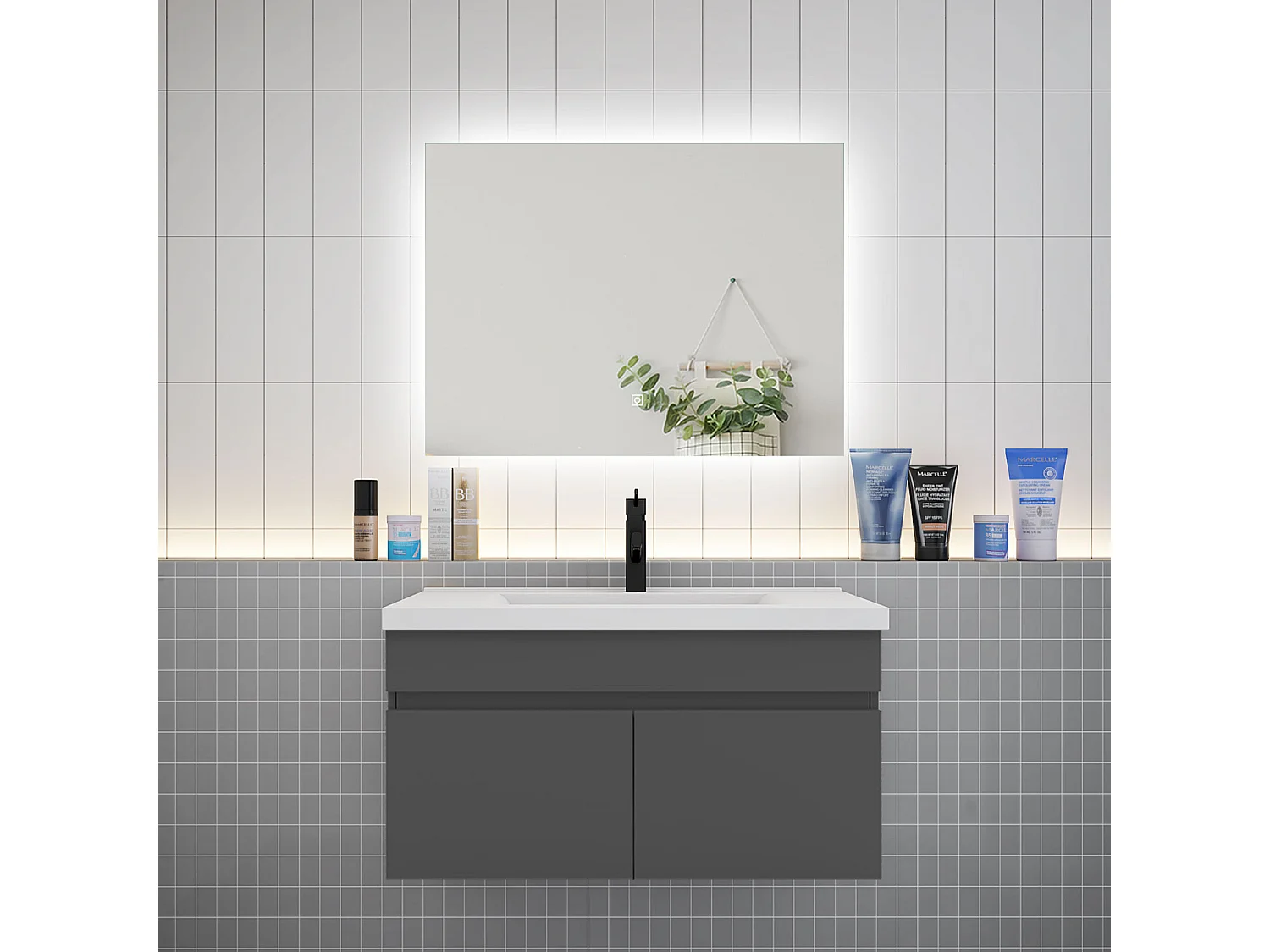 Ensemble meuble vasque L.80cm lavabo + LED miroir 80cm,anthracite