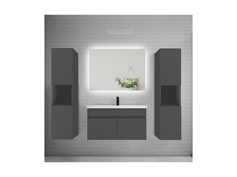 Ensemble meuble vasque L.80cm lavabo + colonne + LED miroir 80cm,anthracite