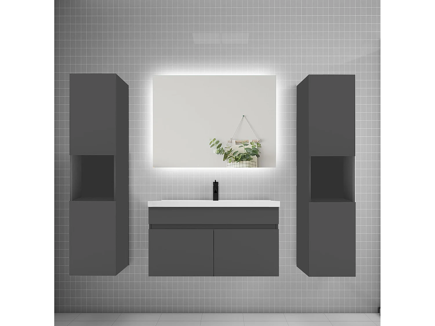 Ensemble meuble vasque L.80cm lavabo + colonne + LED miroir 80cm,anthracite