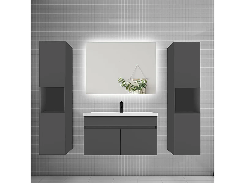 Ensemble meuble vasque L.80cm lavabo + colonne + LED miroir 80cm,anthracite