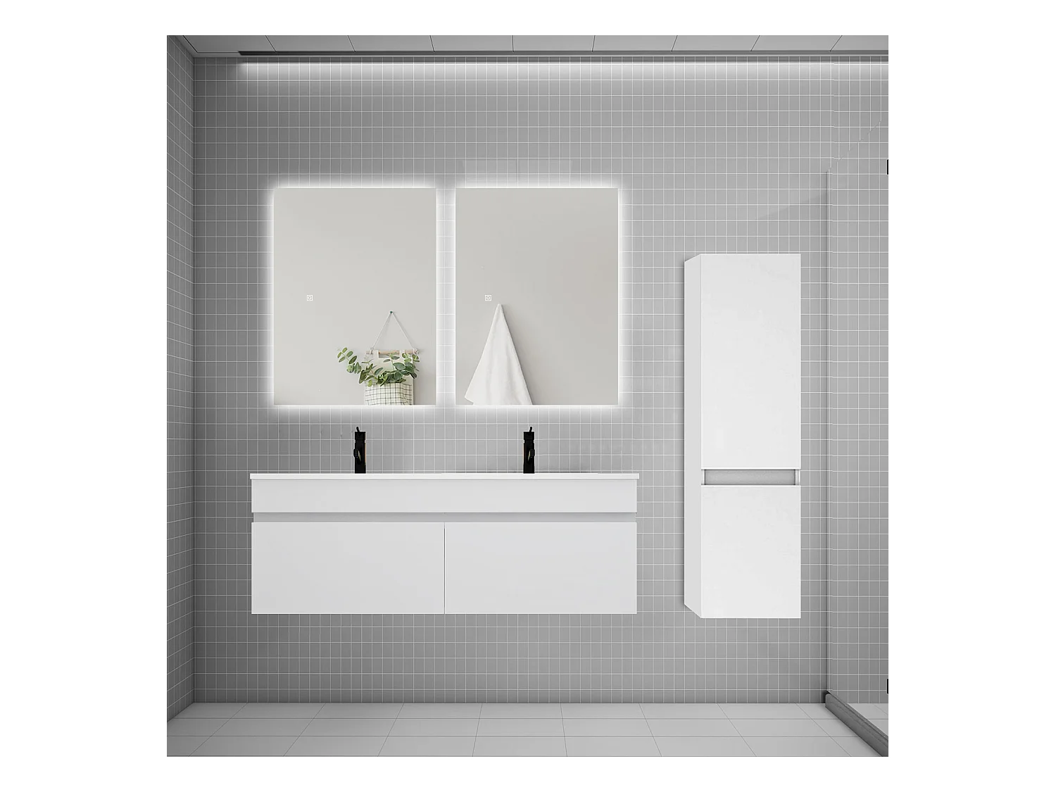 Ensemble meuble double vasque 120cm lavabo + colonne + miroir,blanc