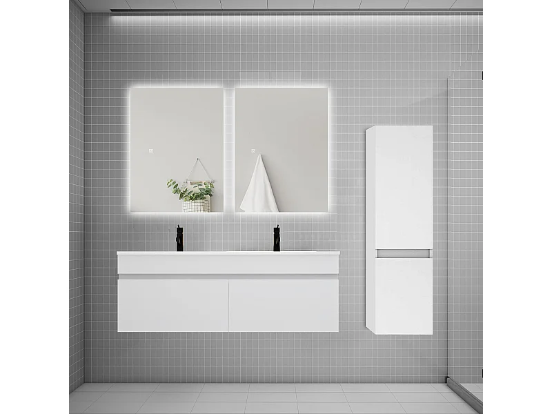 Ensemble meuble double vasque 120cm lavabo + colonne + miroir,blanc