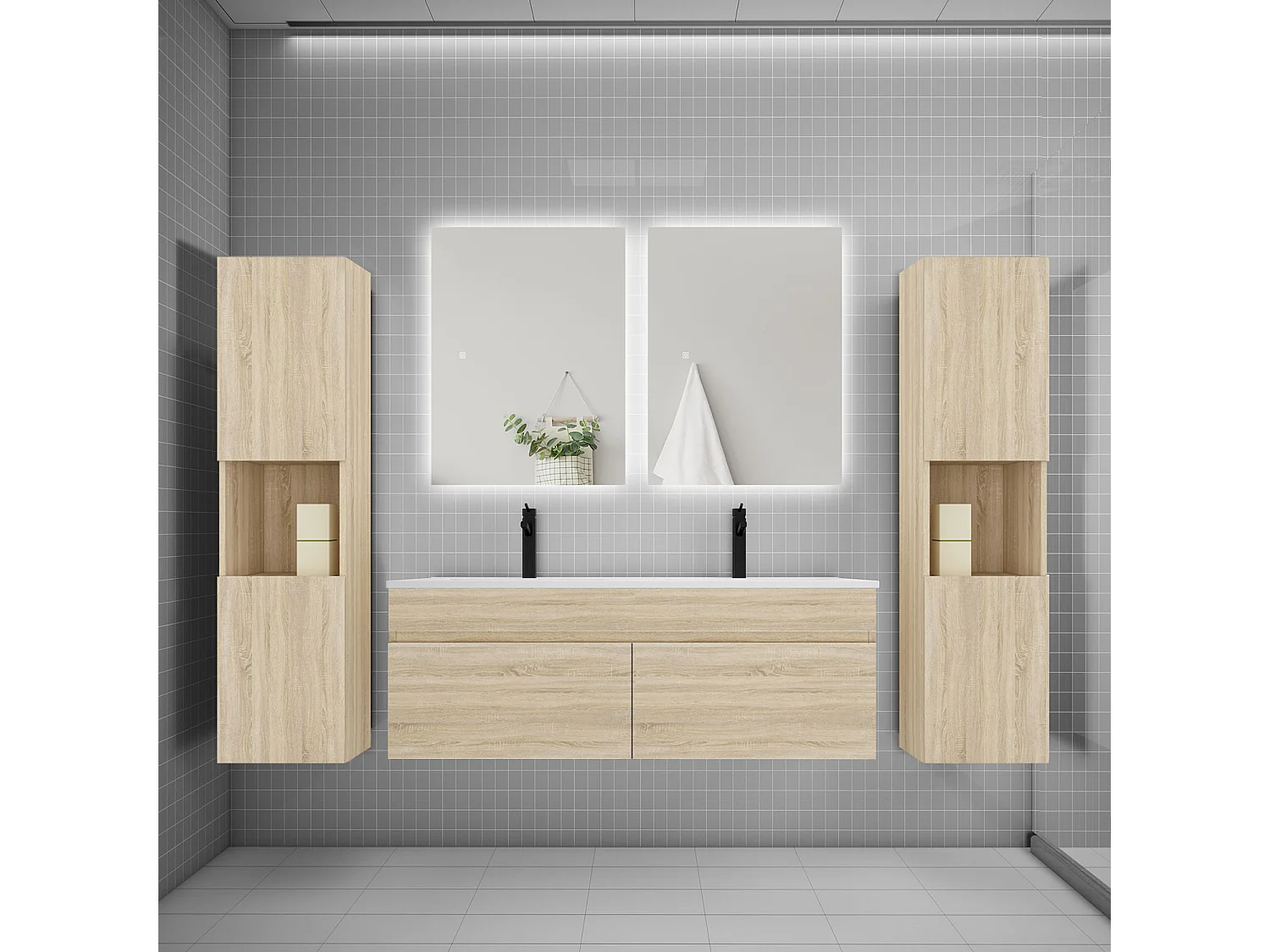 Ensemble meuble vasque L.120cm lavabo + colonne + LED miroir 60cm,chêne