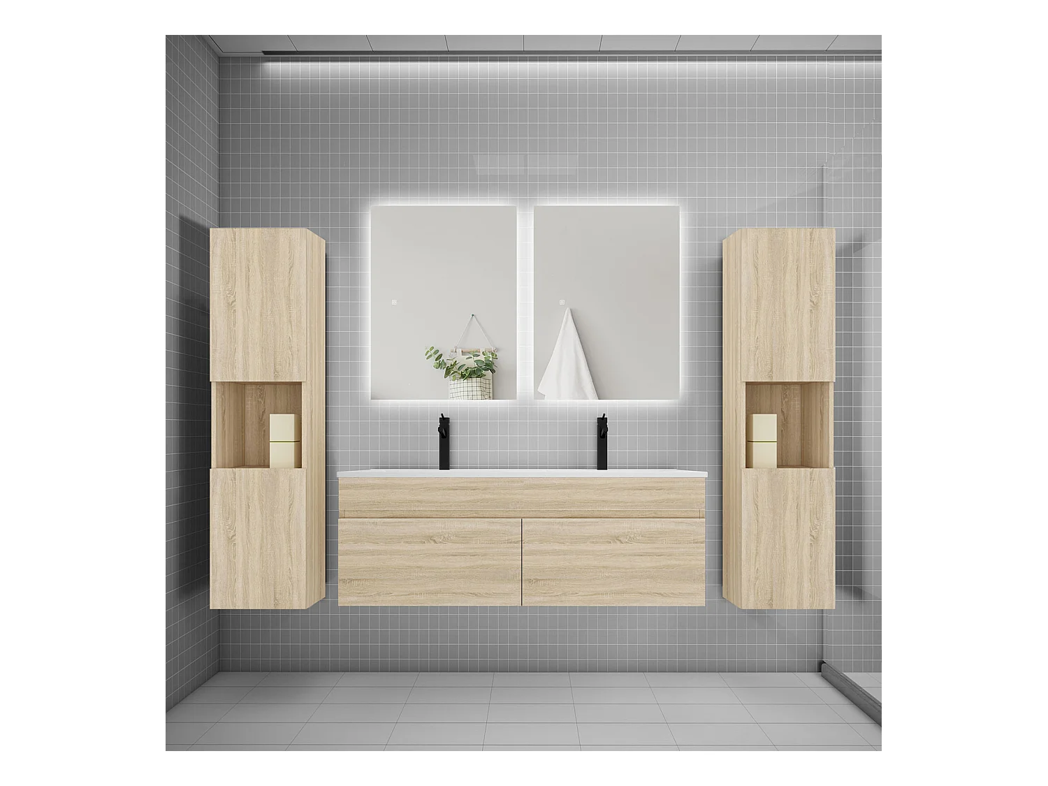 Ensemble meuble vasque L.120cm lavabo + colonne + LED miroir 60cm,chêne