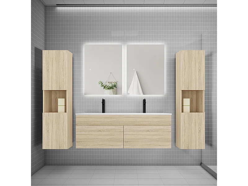 Ensemble meuble vasque L.120cm lavabo + colonne + LED miroir 60cm,chêne