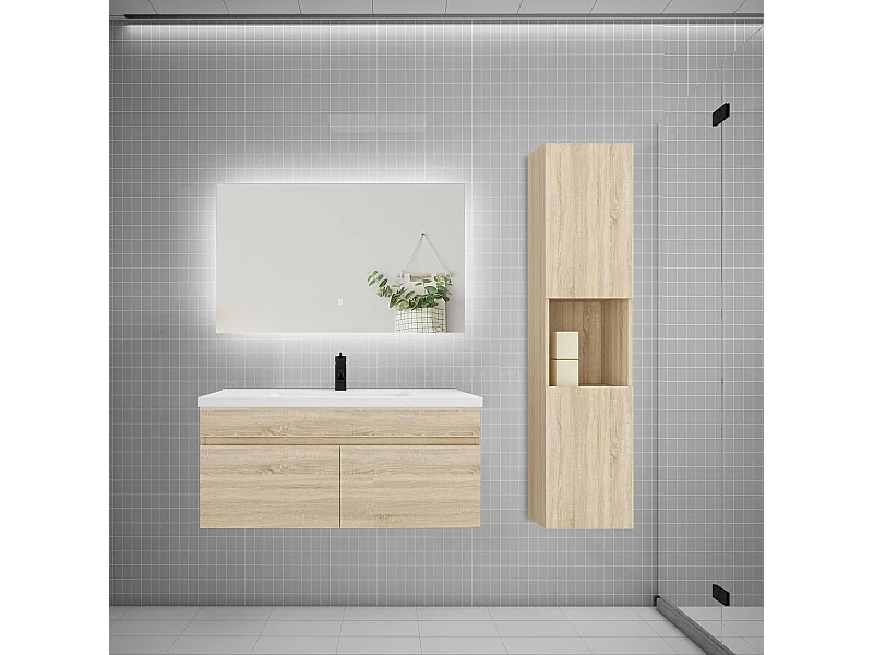 Ensemble meuble vasque 100cm lavabo + colonne + miroir,chêne