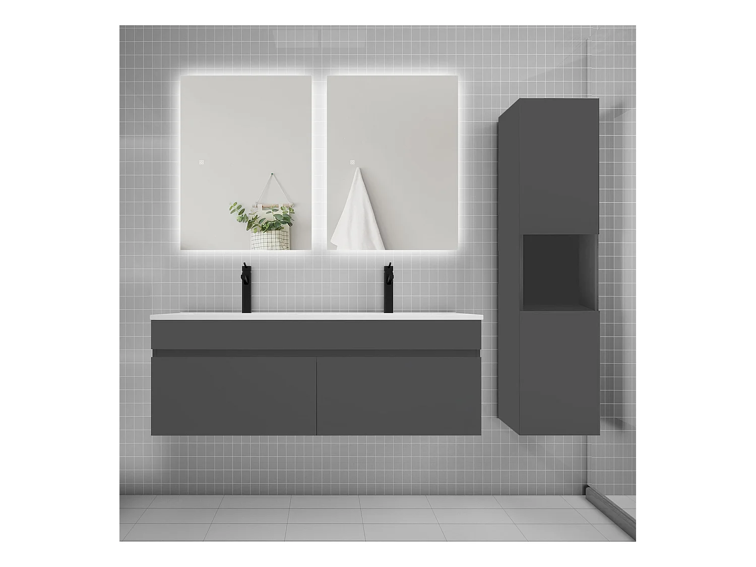 Ensemble meuble vasque 120cm lavabo + colonne + miroir,anthracite