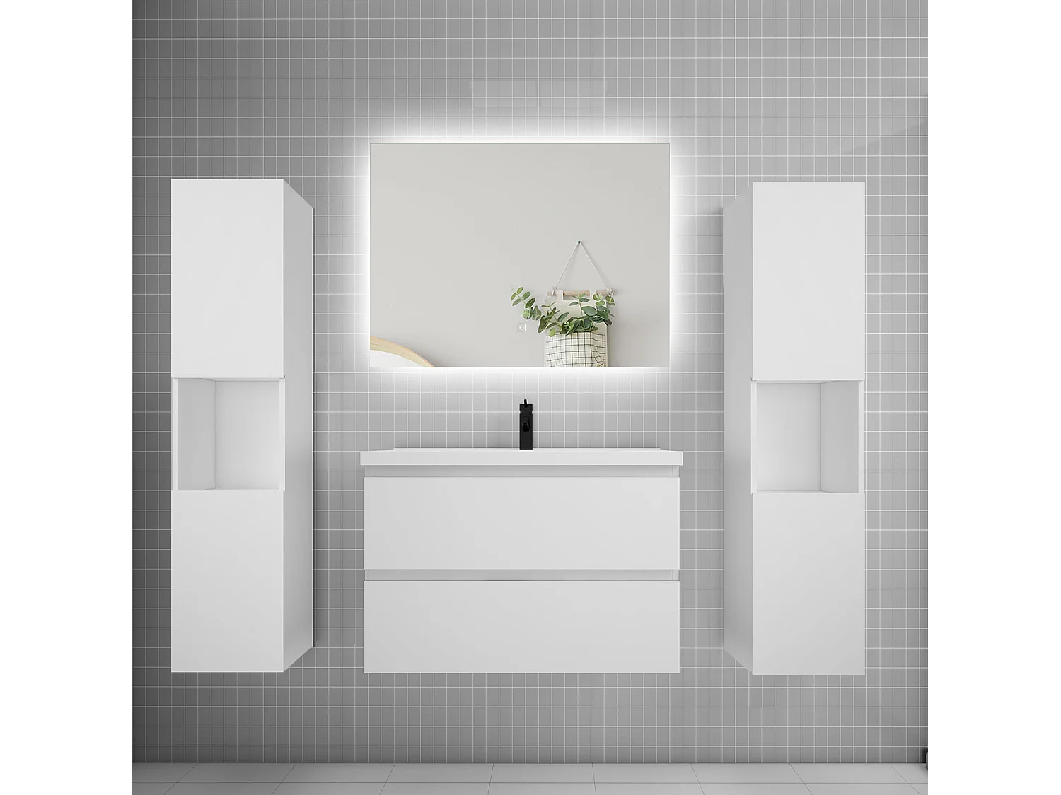 Ensemble meuble vasque L.80cm 2 tiroirs + lavabo + colonne + LED miroir 80cm,blanc