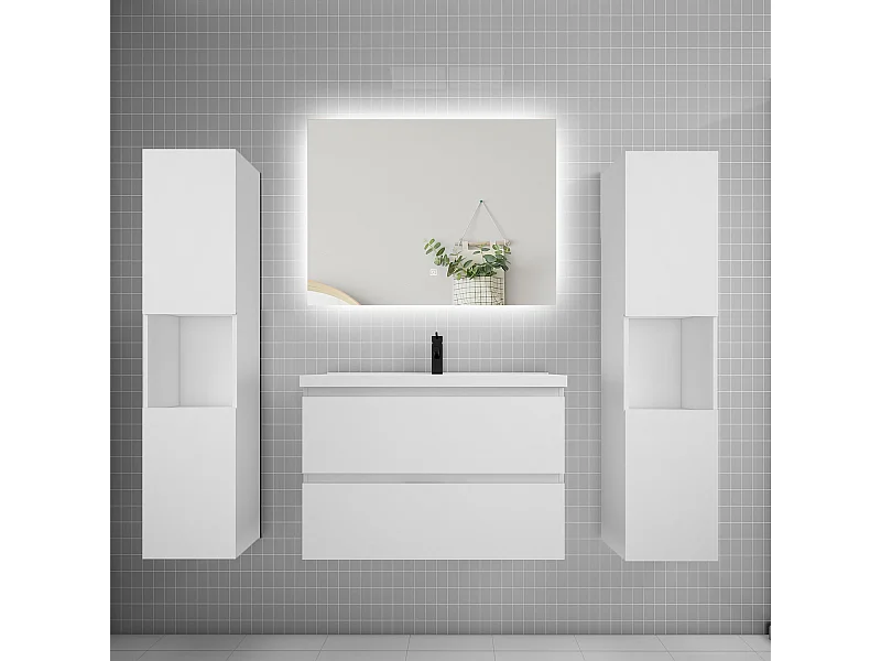 Ensemble meuble vasque L.80cm 2 tiroirs + lavabo + colonne + LED miroir 80cm,blanc